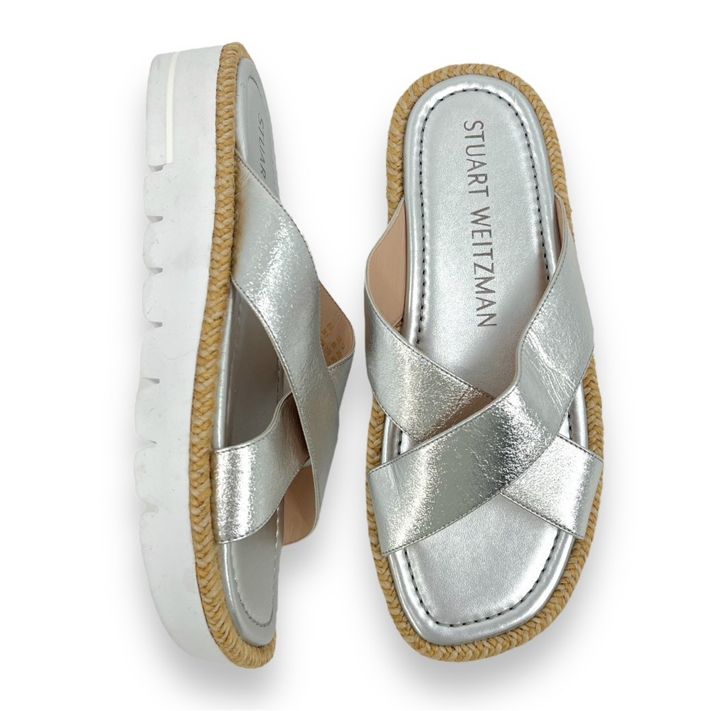 Stuart Weitzman Roza Lift Platform Slide Sandal in Silver Metallic Jute Size 8 B